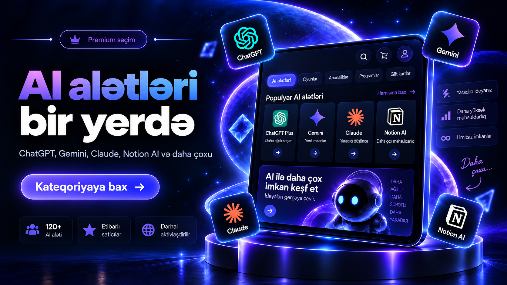 AI alətləri bir yerdə — ChatGPT, Gemini, Claude, Notion AI və daha çoxu